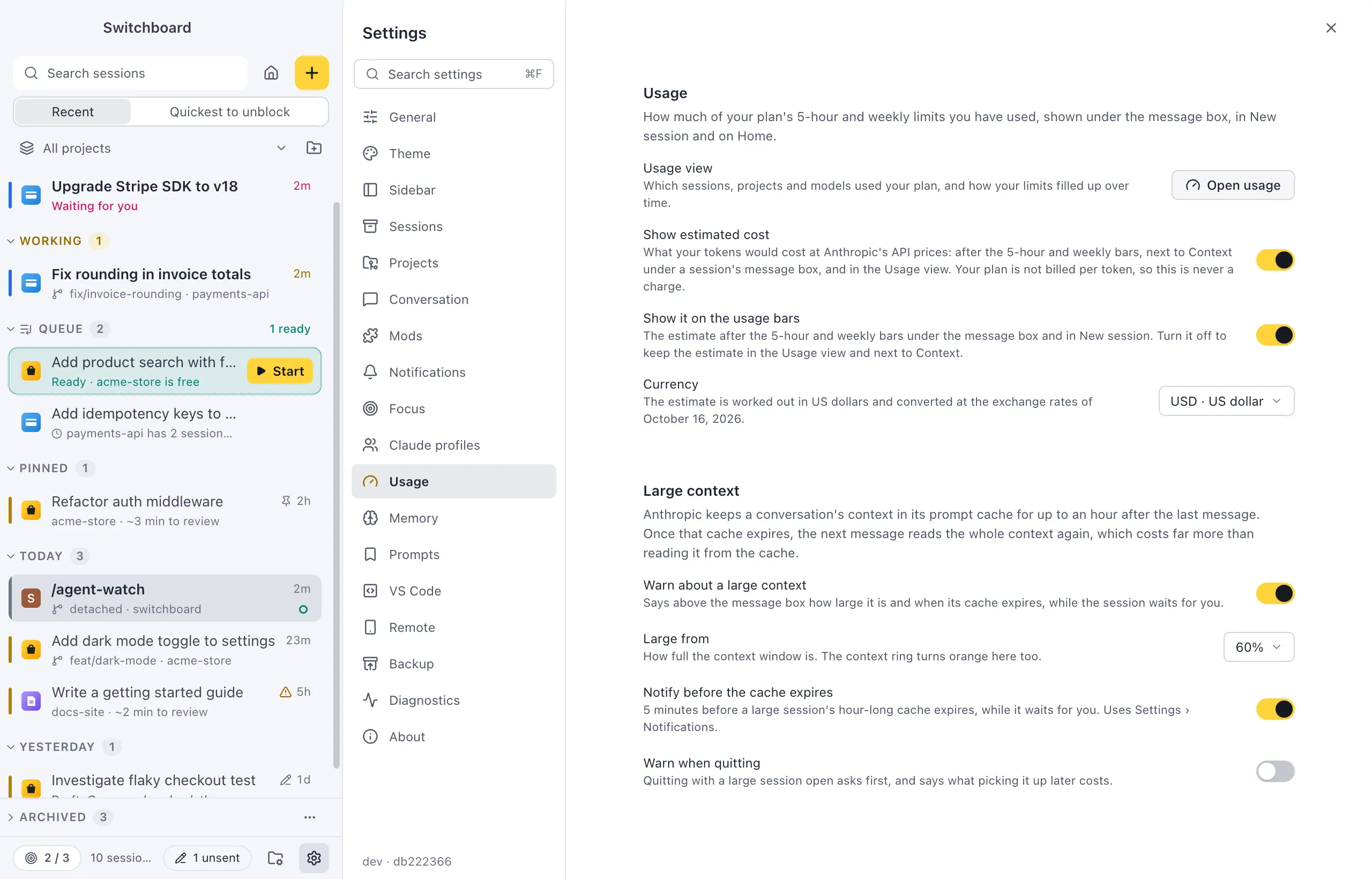 Settings on Usage: Open usage, the Show estimated cost and Show it on the usage bars switches, Currency set to US dollar, and under Large context the Warn about a large context switch, Large from at 60%, Notify before the cache expires and Warn when quitting