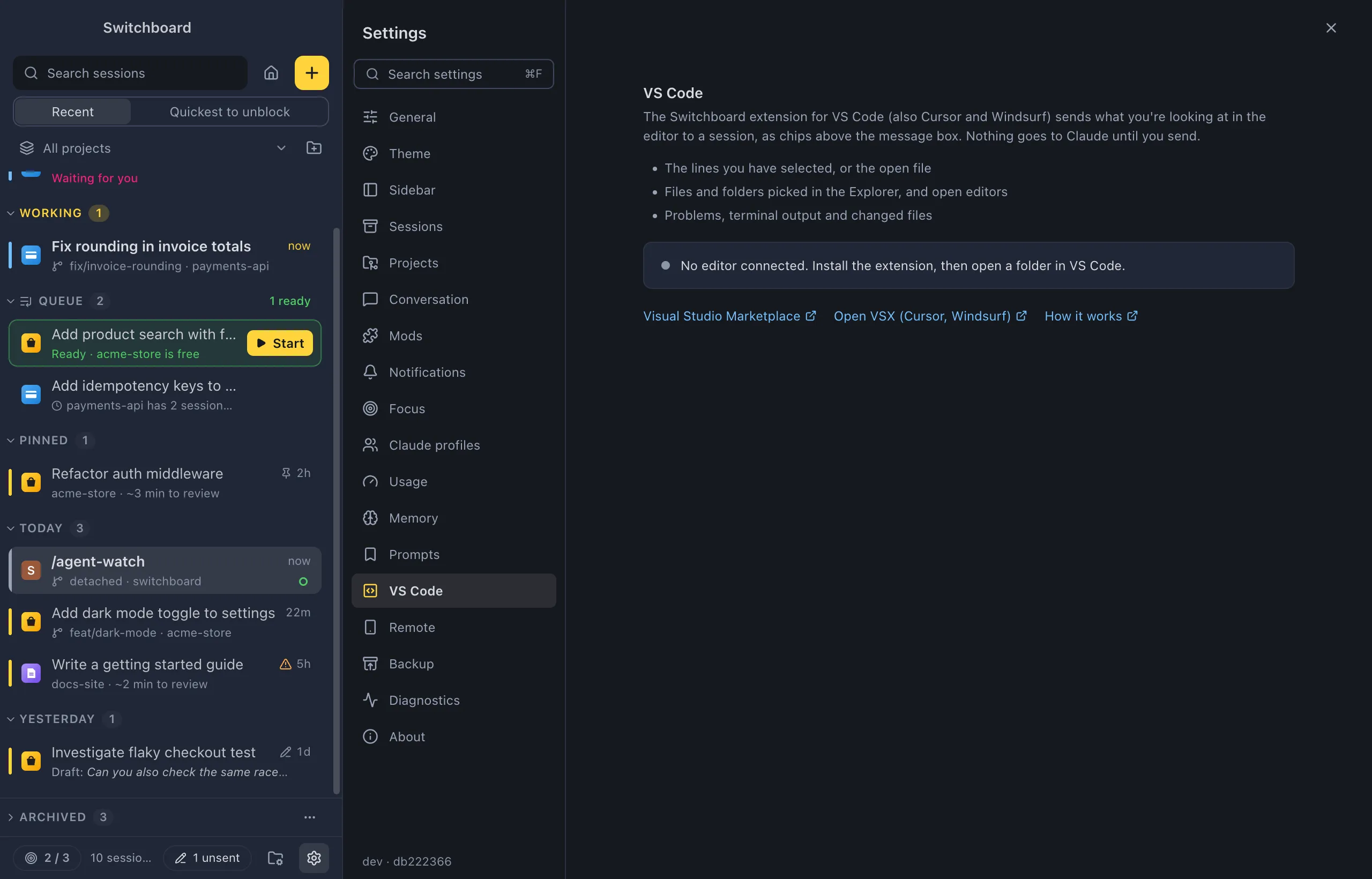 Settings on VS Code: what the extension sends, a status line saying whether an editor is connected, and links to the Visual Studio Marketplace, Open VSX and How it works