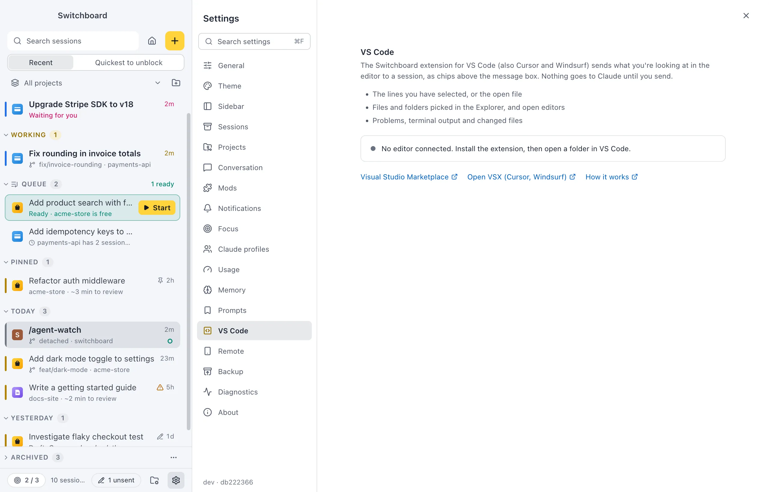 Settings on VS Code: what the extension sends, a status line saying whether an editor is connected, and links to the Visual Studio Marketplace, Open VSX and How it works