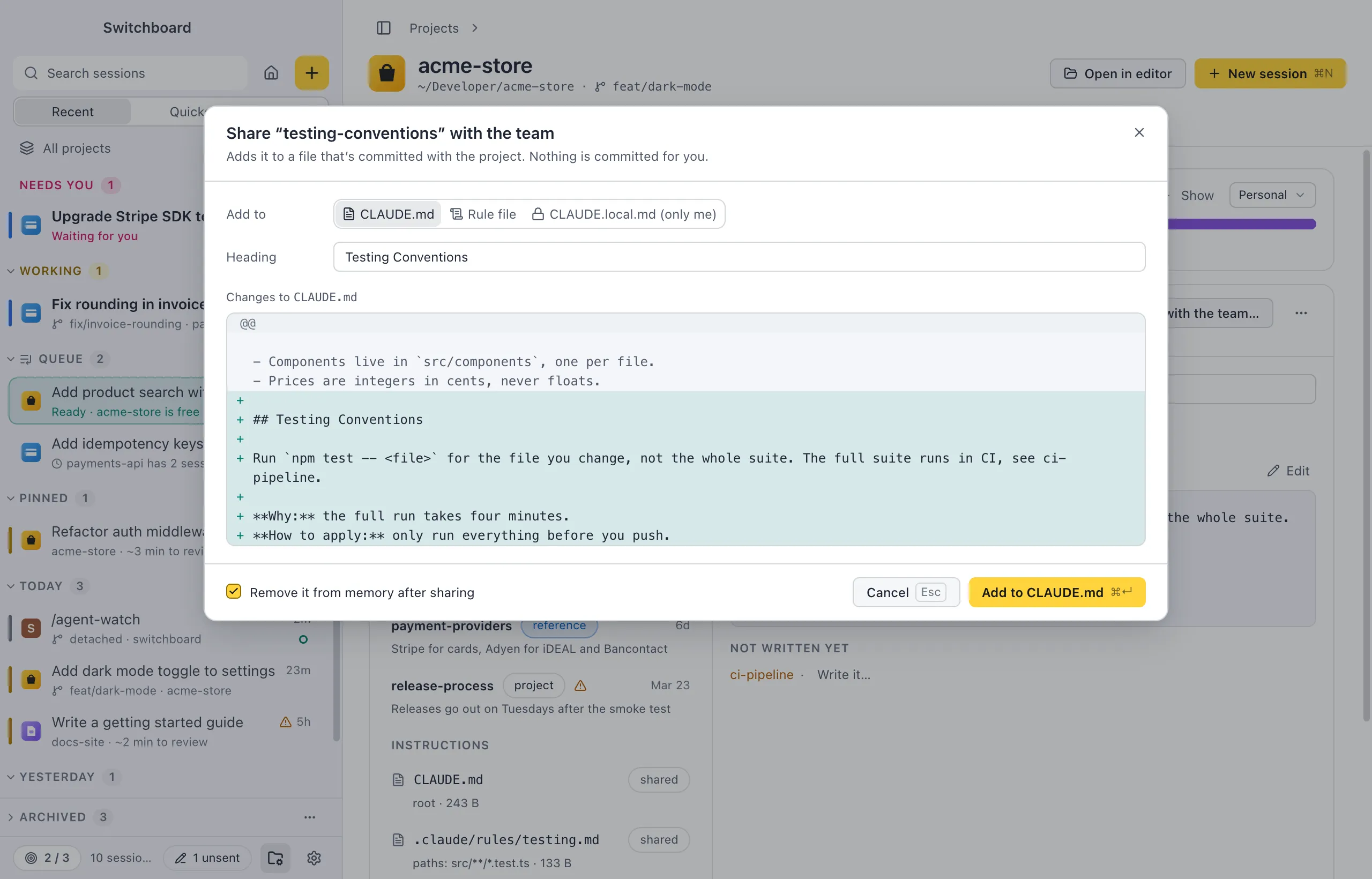 The Share with the team dialog: Add to with CLAUDE.md, Rule file and CLAUDE.local.md (only me), the Heading field, and a preview of the lines it adds to CLAUDE.md