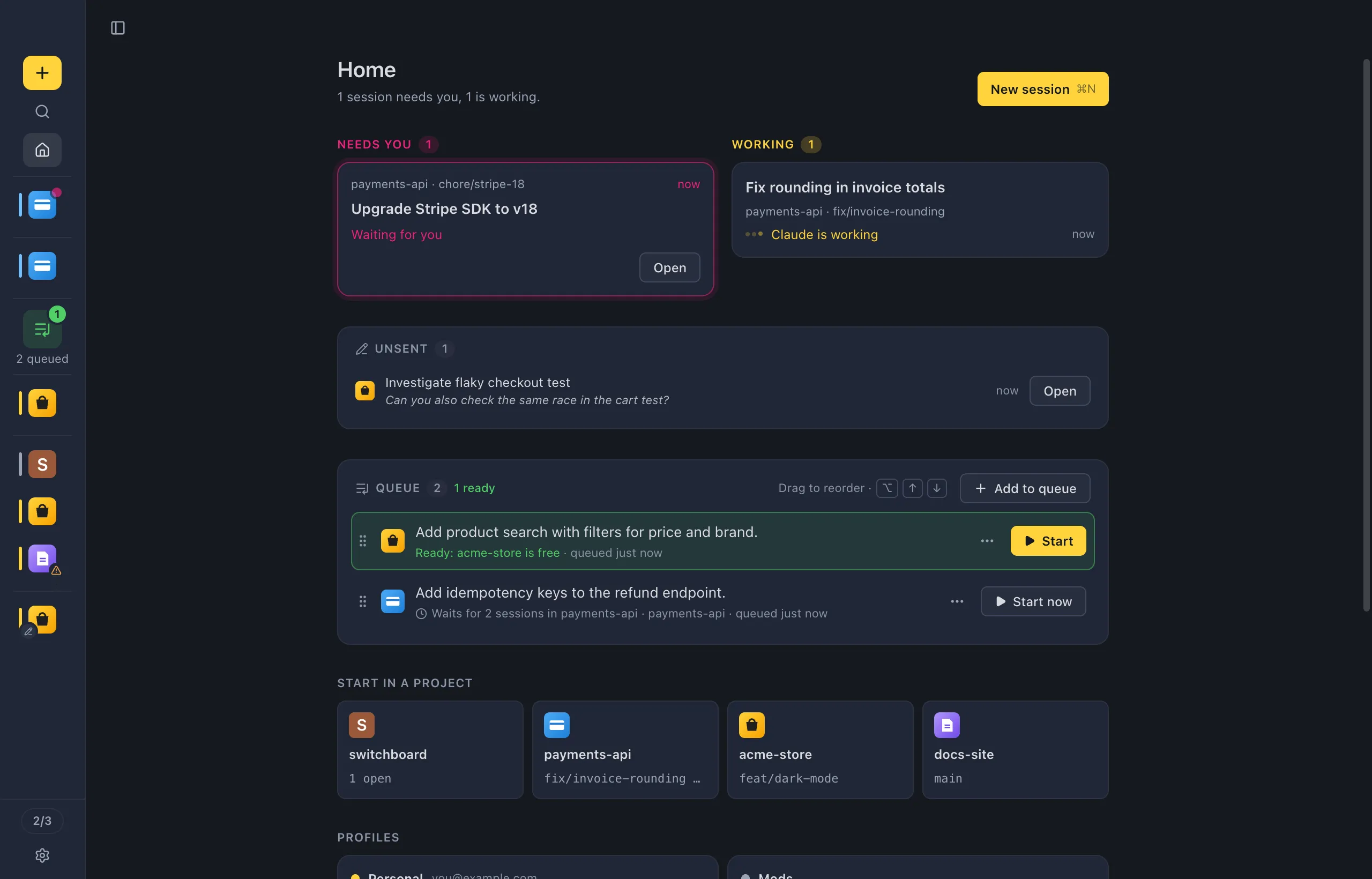 The sidebar collapsed to the minimal rail: one project icon per session, in the same groups and order
