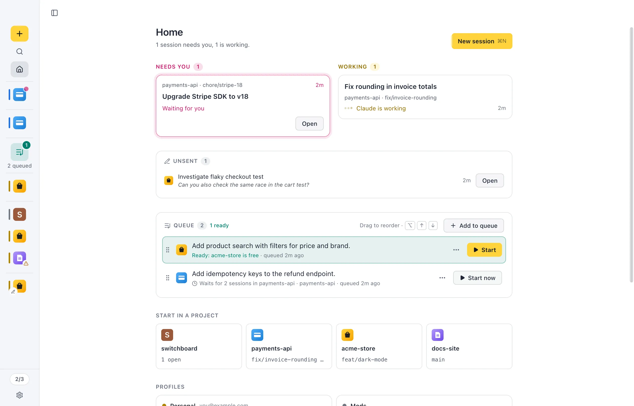 The sidebar collapsed to the minimal rail: one project icon per session, in the same groups and order