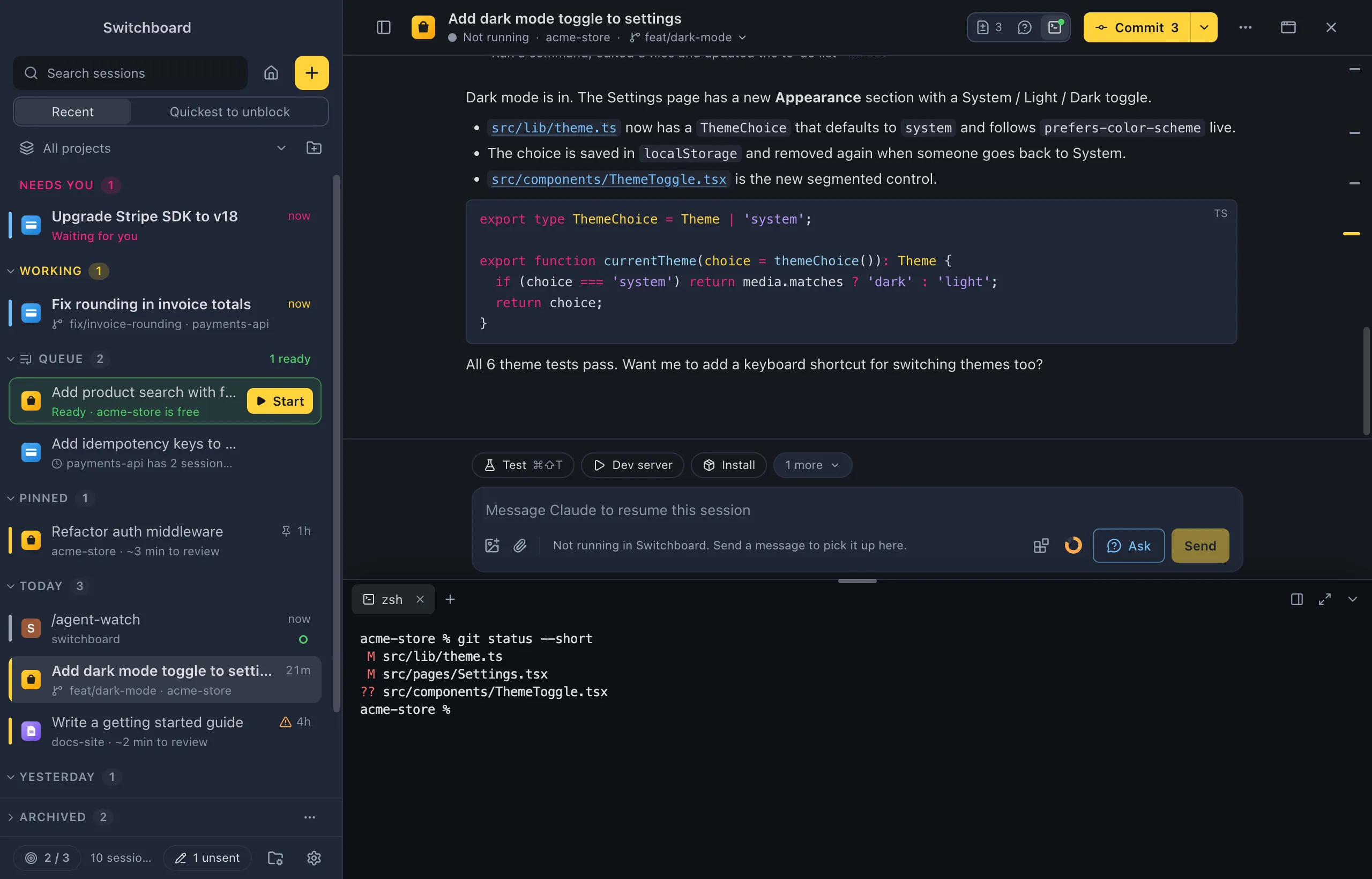 A session with the terminal panel open below the conversation: tabs at the top, a shell with output, and buttons to dock, maximize and hide the panel