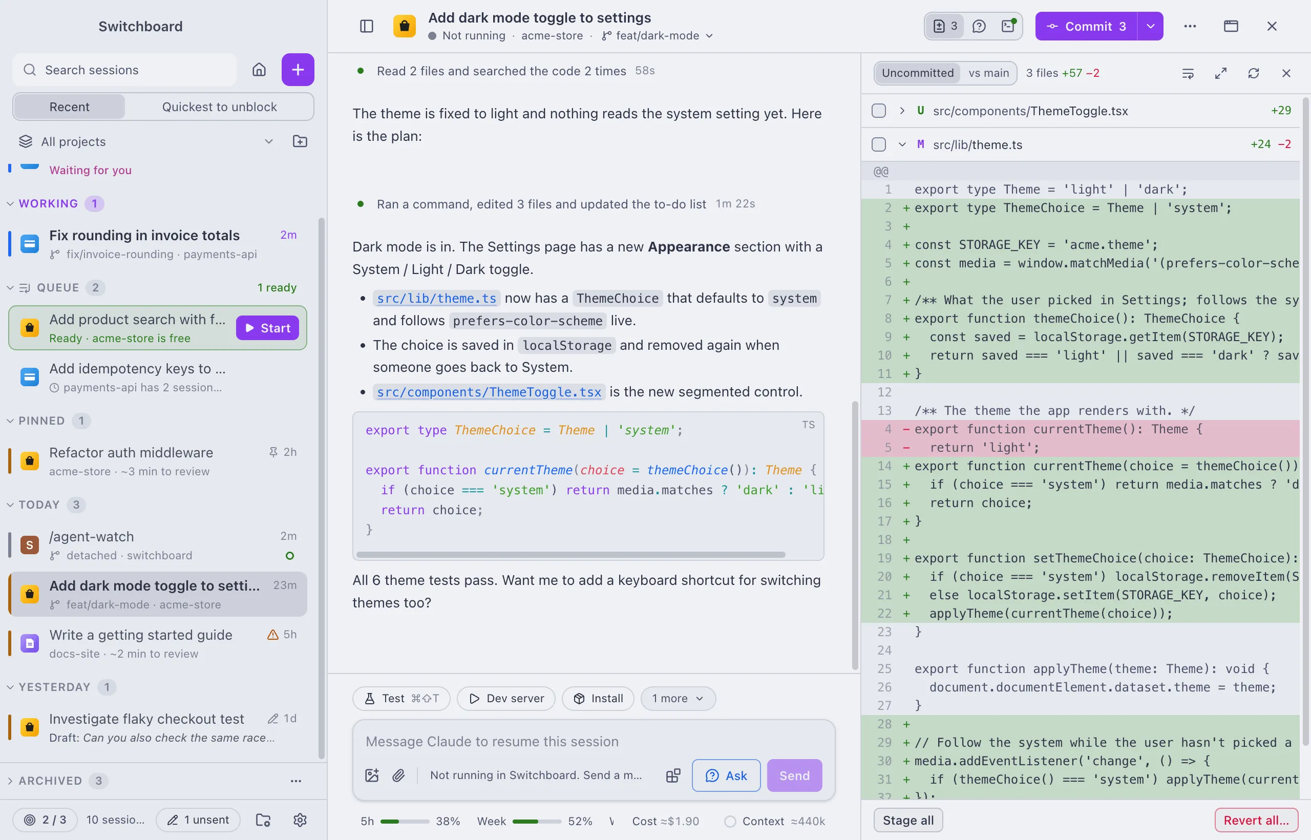 The main window in the Catppuccin theme: the sidebar, a conversation and the Changes panel in Catppuccin's colours