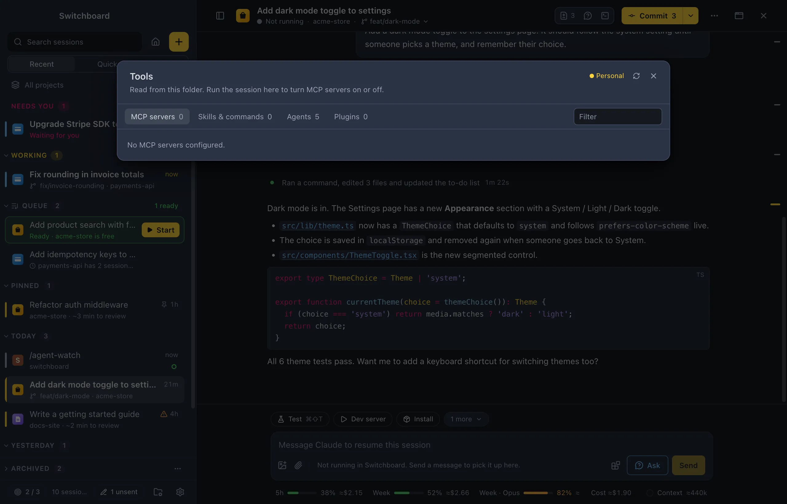 The Tools dialog on the MCP servers tab: each server with its status and number of tools, and tabs for skills and commands, agents and plugins
